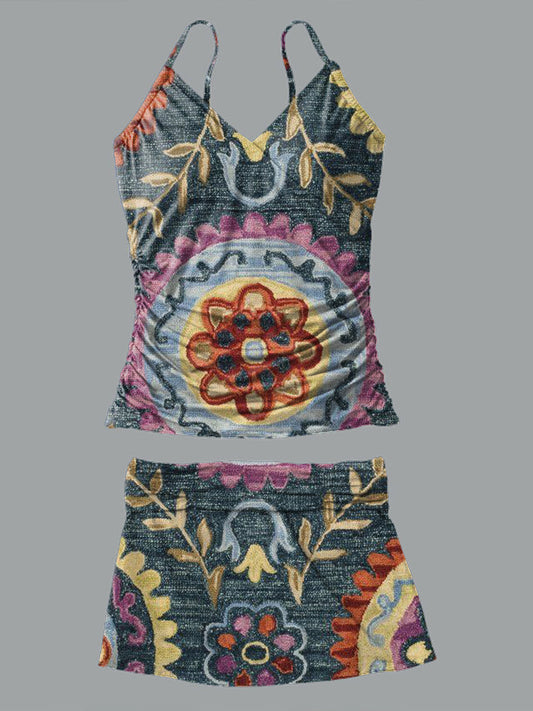 V-Neck Vintage Ethnic Flowers Print Suspender Skirt Tankini Pantskirt Set Swimsuit