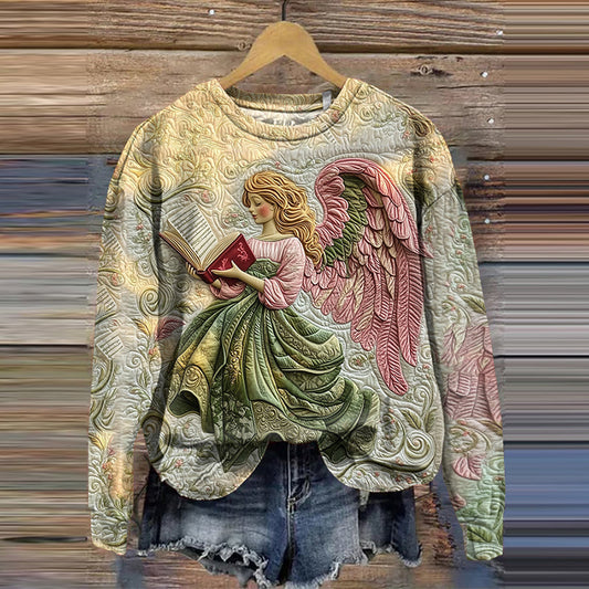 Comstylish Women's Christmas Angel Print Crew Neck Sweatshirt