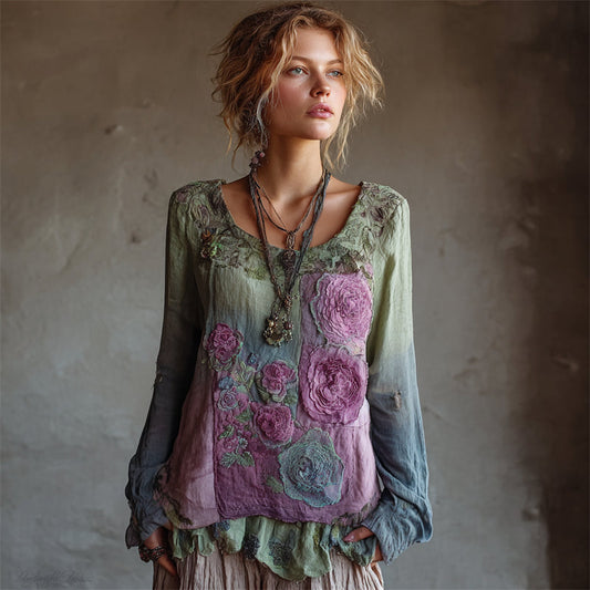 Vintage Lavender Floral Fiber Art Gradient Flowy Linen Shirt artswardrobe