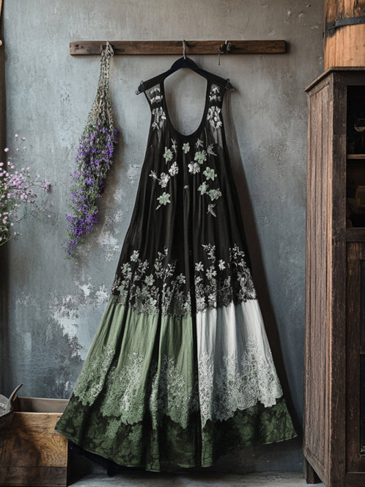 Boho Floral Embroidered Pattern Lace Patchwork Contrast Color Art Linen Dress artswardrobe