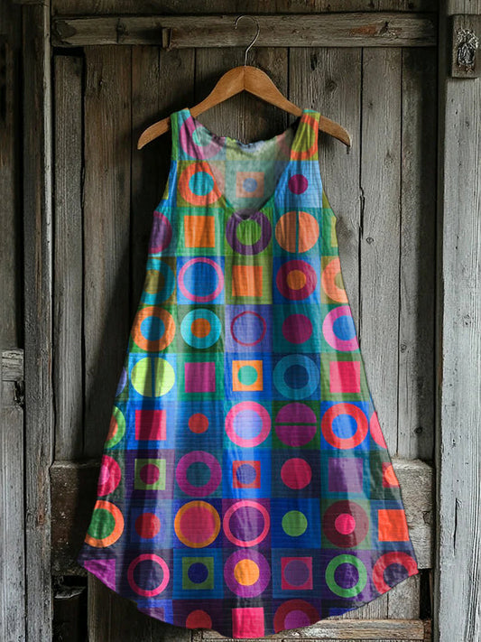 Women's Retro Abstraction Art Print V-neck Pocket Cotton Dress