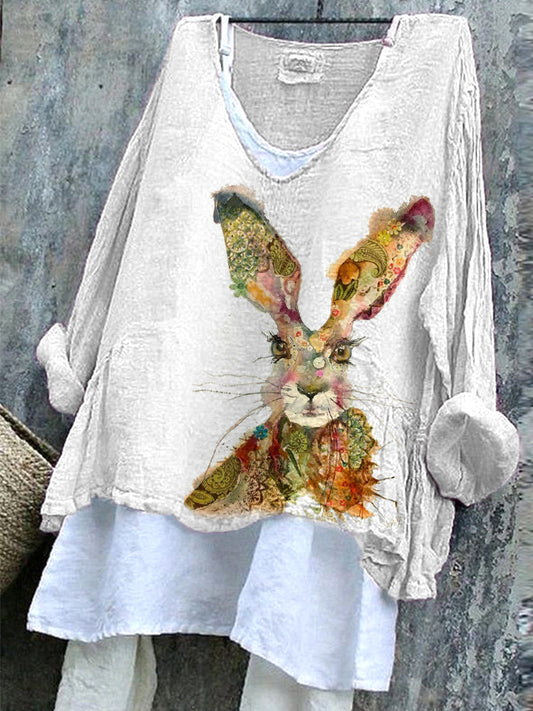 Vintage Bunny Watercolor Painting Print Linen Blend Shirt artswardrobe