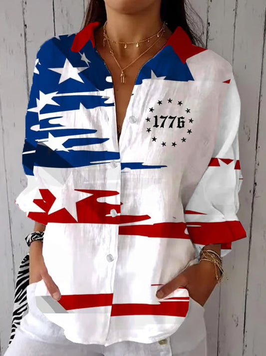 Comstylish Women's Independence Day Vintage Flag Design Printed Casual Shirt