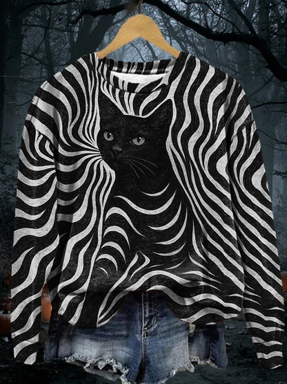 Women's Halloween Black Cat Stripes Print Casual Sweatshirt elevenforest