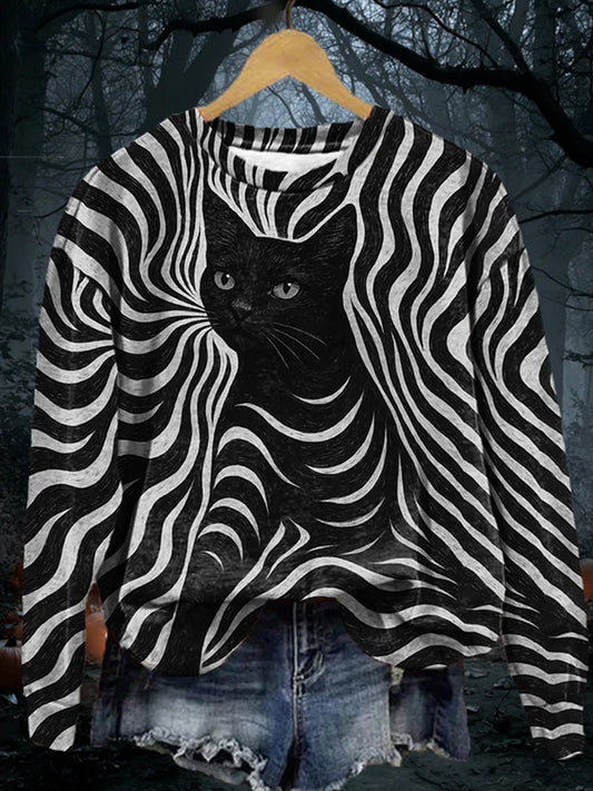 Women's Halloween Black Cat Stripes Print Casual Sweatshirt elevenforest