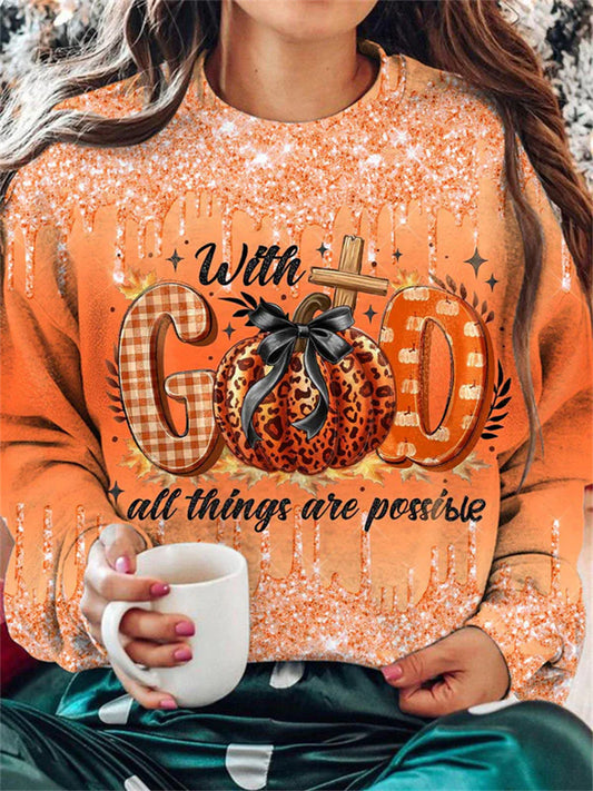 Comstylish Women's God Halloween Pumpkin Gradient Print Casual Sweatshirt