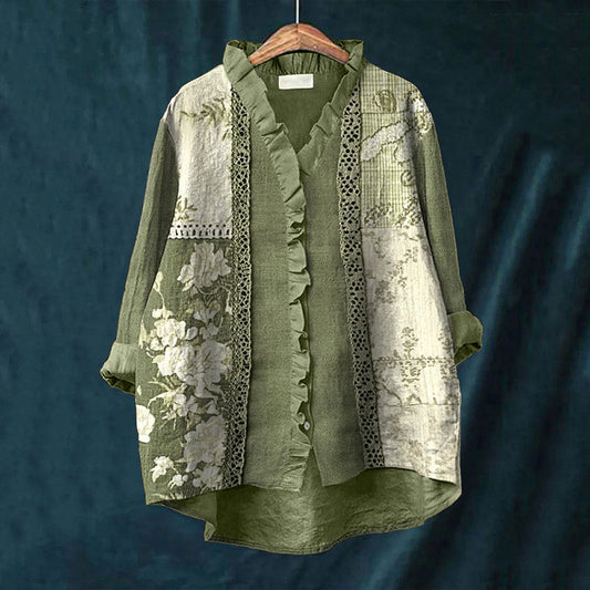 Comstylish Floral Pattern Lace Patchwork Linen Ruffle Shirt