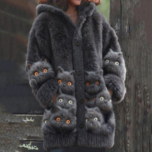 Vintage Cute Cat Art Cozy Knit Hooded Cardigan elevenforest