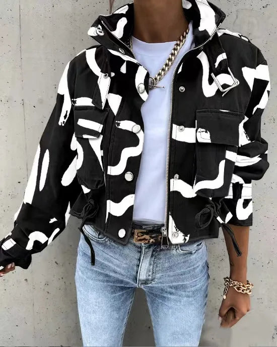 Jackets- Women Structured Stand Collar Zip-Up Crop Jacket- - Pekosa Women Fashion