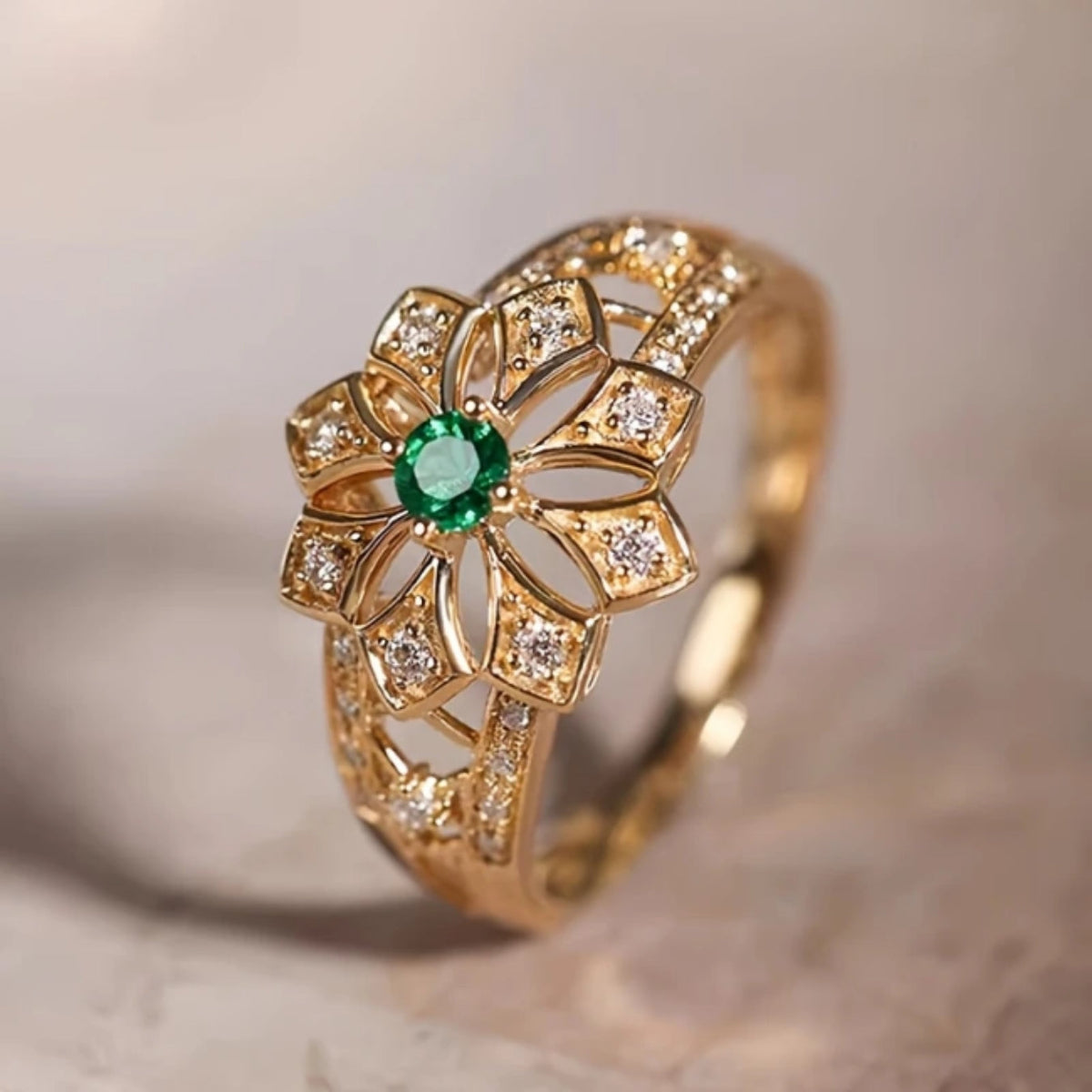 Hollow Gold Ring With Flower and Green Stone