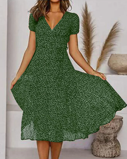 LM | Printed chiffon dress with short sleeves and V-neckline