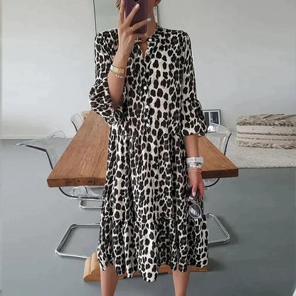 LM | Midi dress with leopard print, button placket and 3/4 sleeves