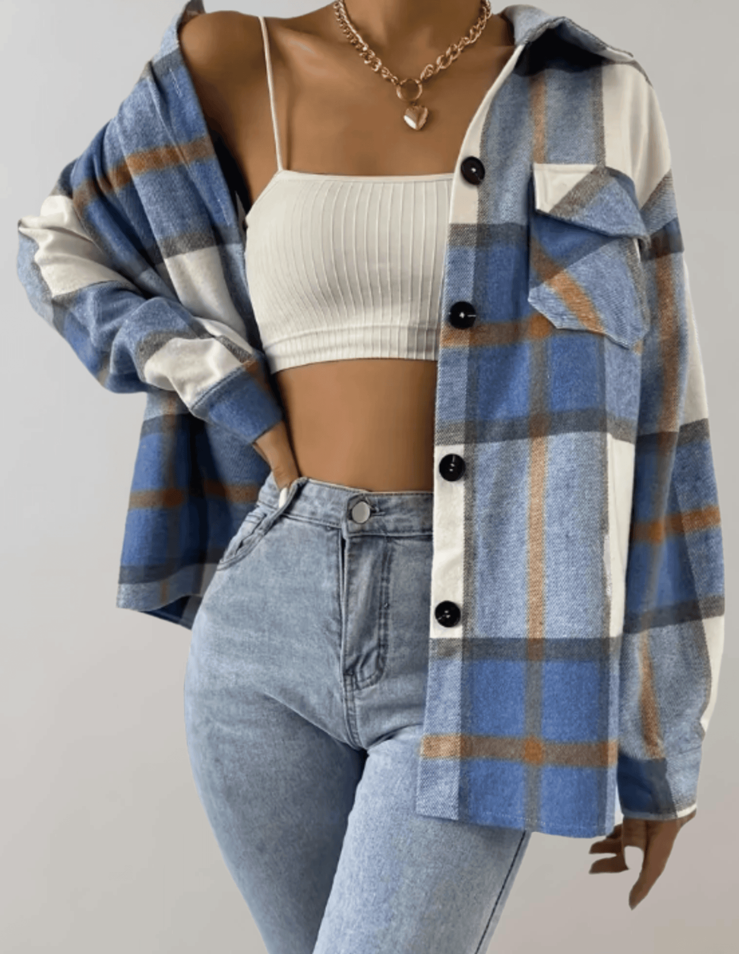 LM | Stylish blue plaid oversized ladies coat