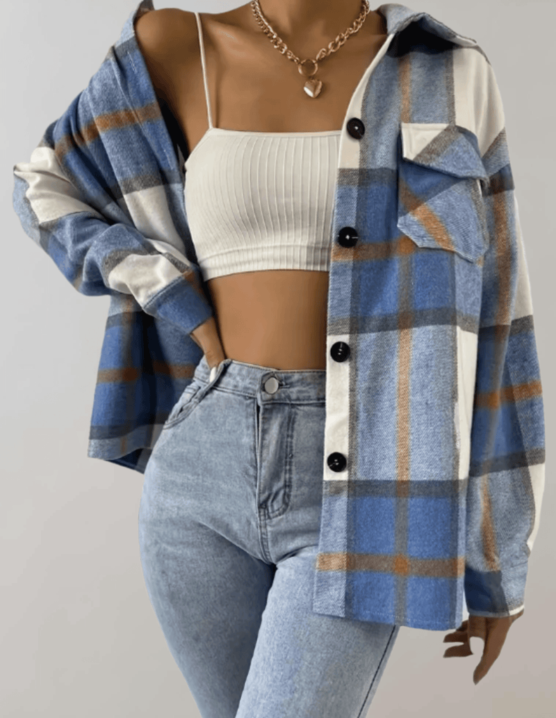 LM | Stylish blue plaid oversized ladies coat