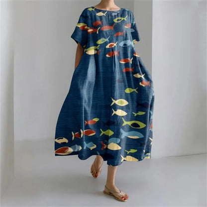 LM | Plus-Size Loose Fit Summer Dress with Pocket & O-Neck Elegant Summer Maxi Dress