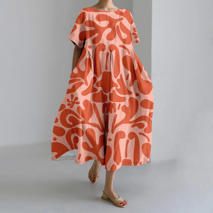 LM | New Summer Women's Dresses Exquisite Elegant Round Neck Short Sleeves Long Pink Dotted Irregular Printed Comfortable Midi Dresses