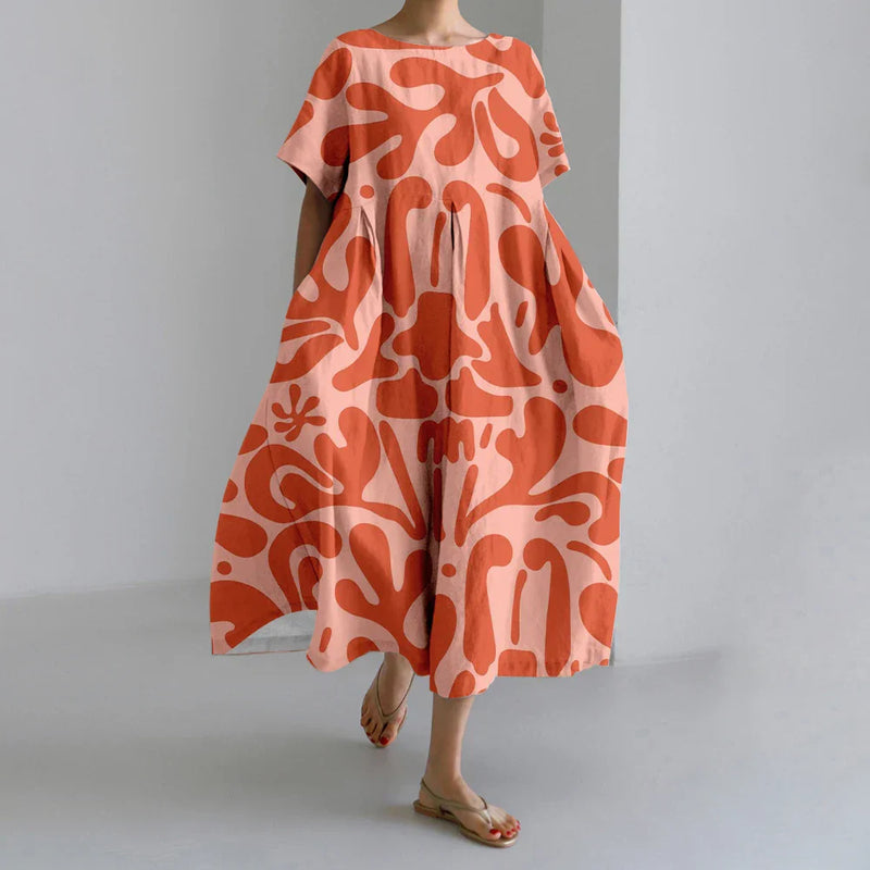 LM | New Summer Women's Dresses Exquisite Elegant Round Neck Short Sleeves Long Pink Dotted Irregular Printed Comfortable Midi Dresses
