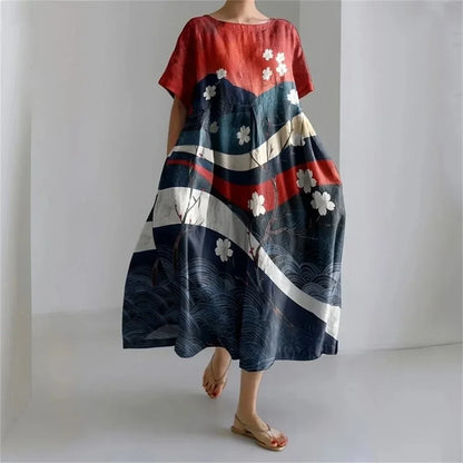 LM | Plus-Size Loose Fit Summer Dress with Pocket & O-Neck Elegant Summer Maxi Dress