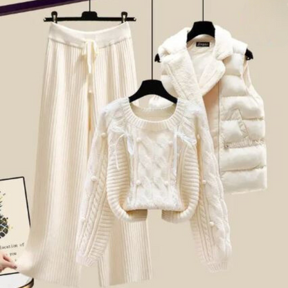 LM | Three-piece women's vest jacket, loose sweater and wide trouser legs