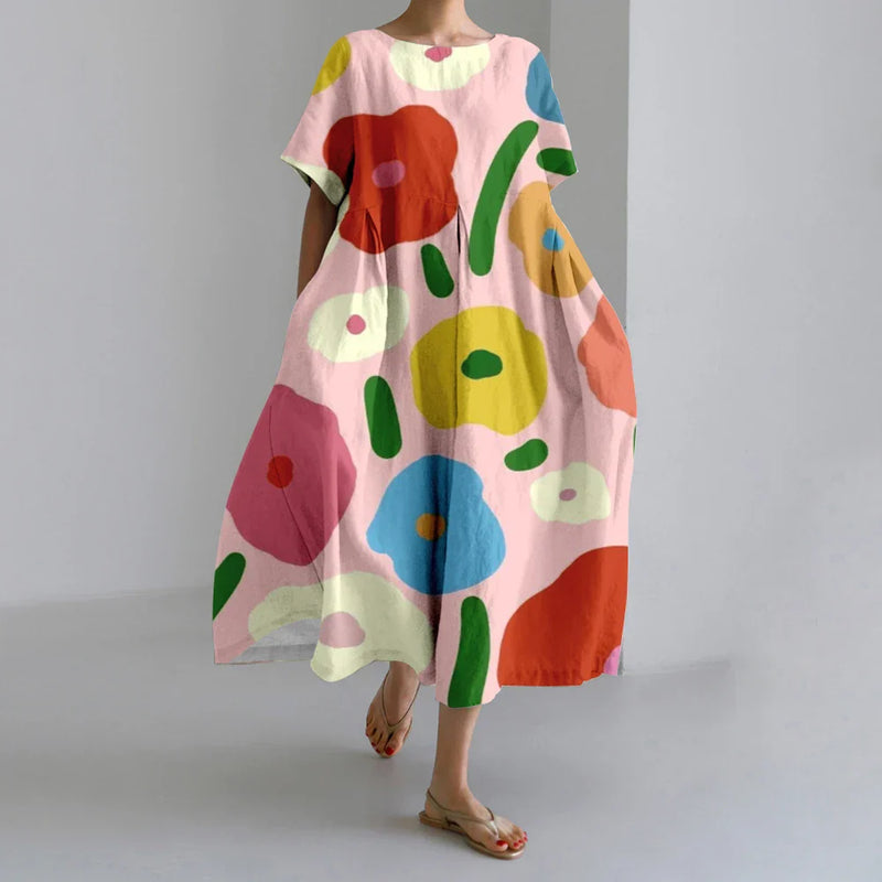 LM | New Summer Women's Dresses Exquisite Elegant Round Neck Short Sleeves Long Pink Dotted Irregular Printed Comfortable Midi Dresses