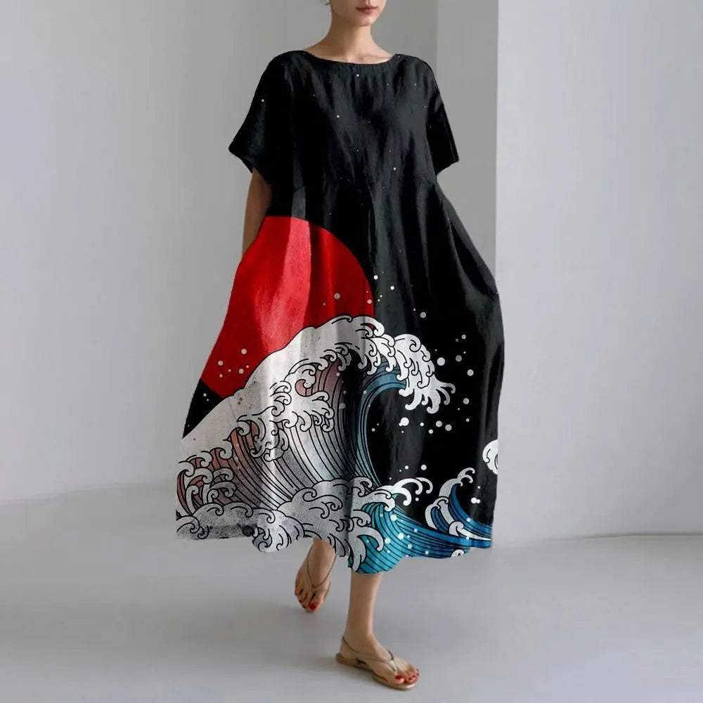 LM | Plus-Size Loose Fit Summer Dress with Pocket & O-Neck Elegant Summer Maxi Dress