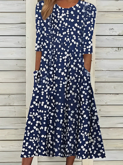 LM | Printed midi dress with round neckline and pockets