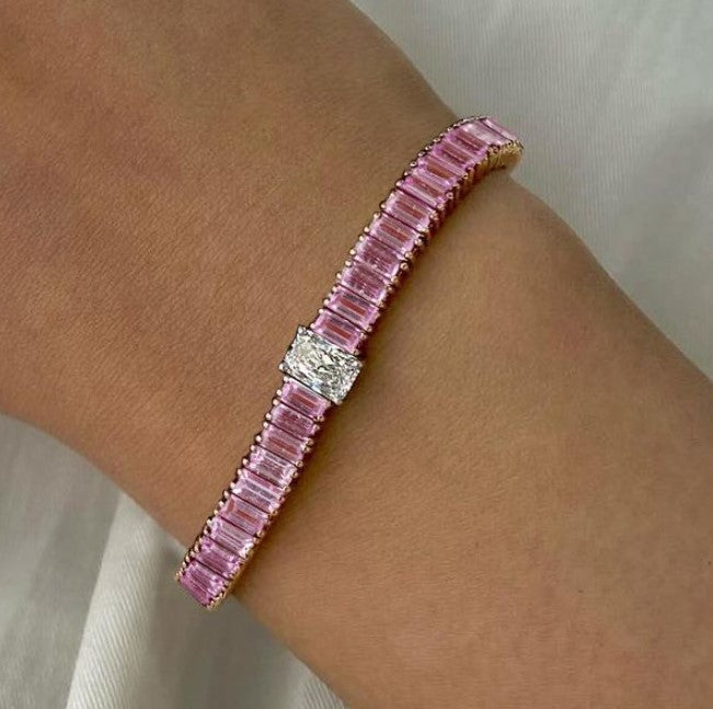 Two-tone Radiant Cut Pink Sapphire Tennis Bracelet