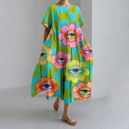 LM | New Summer Women's Dresses Exquisite Elegant Round Neck Short Sleeves Long Pink Dotted Irregular Printed Comfortable Midi Dresses