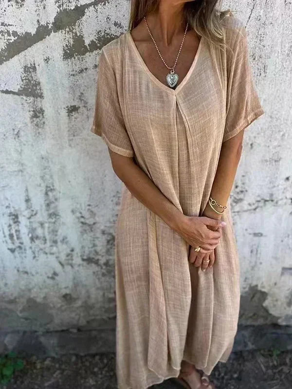 LM | Cotton and linen midi dress with V-neckline