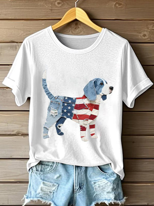 Comstylish Women's Casual Faux Denim Flag Puppy Print Crew Neck T-shirt