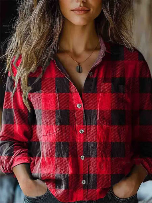 Comstylish Women's Christmas Plaid Pattern Print Casual Pocket Shirt