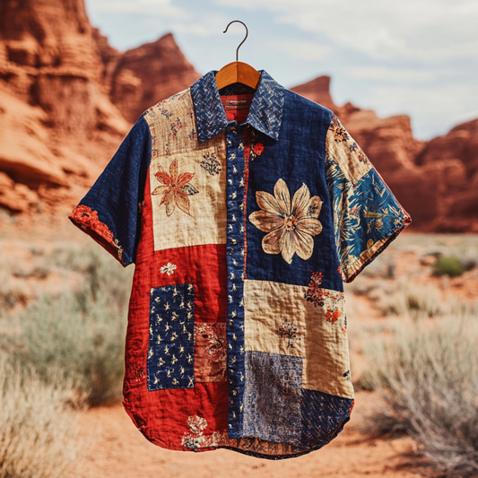 Men's Independence Day America Blue Red With Floral Pattern Art Casual Short Sleeve Shirts artswardrobe