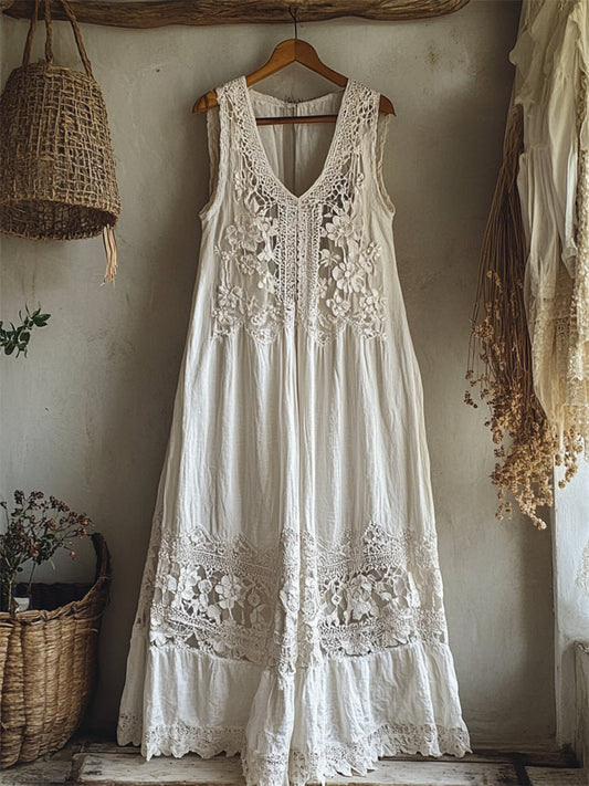 Vintage Floral Hollow Lace Patchwork Linen Maxi Dress artswardrobe