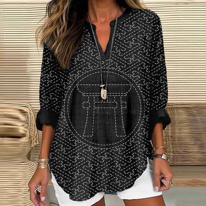 Comstylish Japanese Traditional Torii Pattern Cozy Linen Tunic