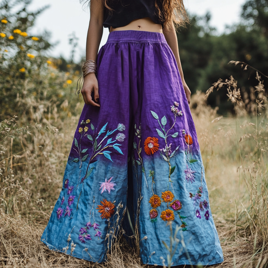 Vintage Floral Gradient Embroidered Pattern Art Linen Blend Skirt artswardrobe