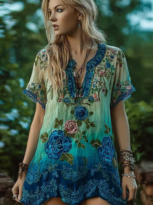 Blue Sequin Lace Floral Boho Art Women's V-neck Short Sleeve Long Shirt artswardrobe