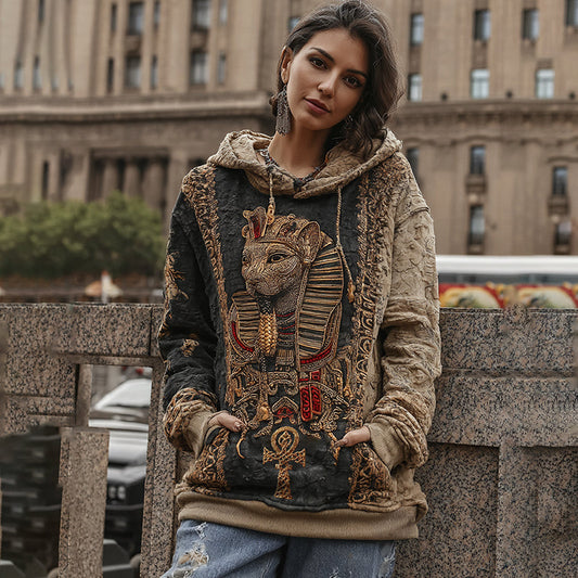 Comstylish Women's Vintage Ancient Egyptian Ankh Cat Pattern Casual Hoodie