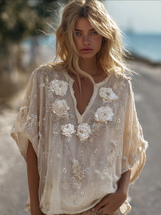 Comstylish Bohemian Style White Rose V-neck Casual Short-sleeved Shirt