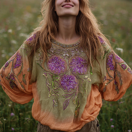 Comstylish Ladies' Mandala Flower Embroidery And Tie-dye Vintage Round-neck Long-sleeve Shirt