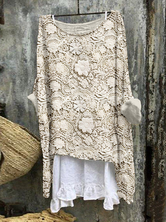 Comstylish Elegant Floral Lace Embroidered Linen Blend Flowy Shirt
