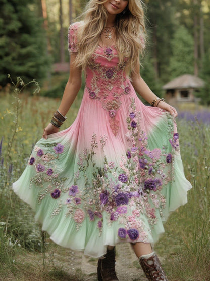 Classy Gradient Purple Lavender And Floral Embroidered Linen Maxi Dress artswardrobe
