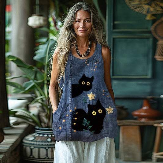Comstylish Lovely Black Cat Cat Peeking Out Art Denim Linen Cozy Tank Top