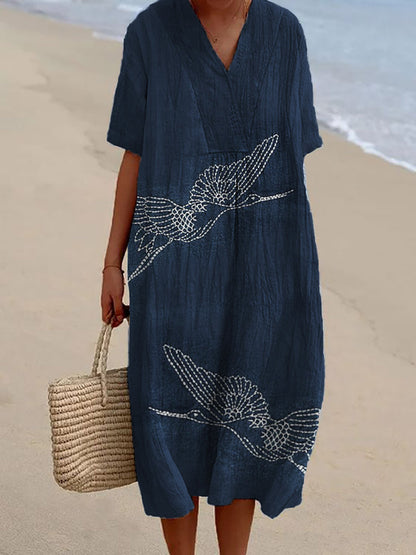 Comstylish Cranes Japanese Sashiko Embroidered Linen Blend Dress