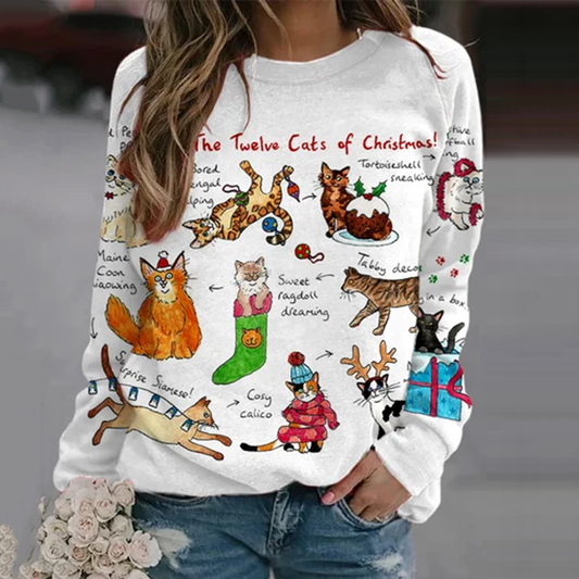 Comstylish Retro The Twelve Cats Of Christmas Print Sweatshirt