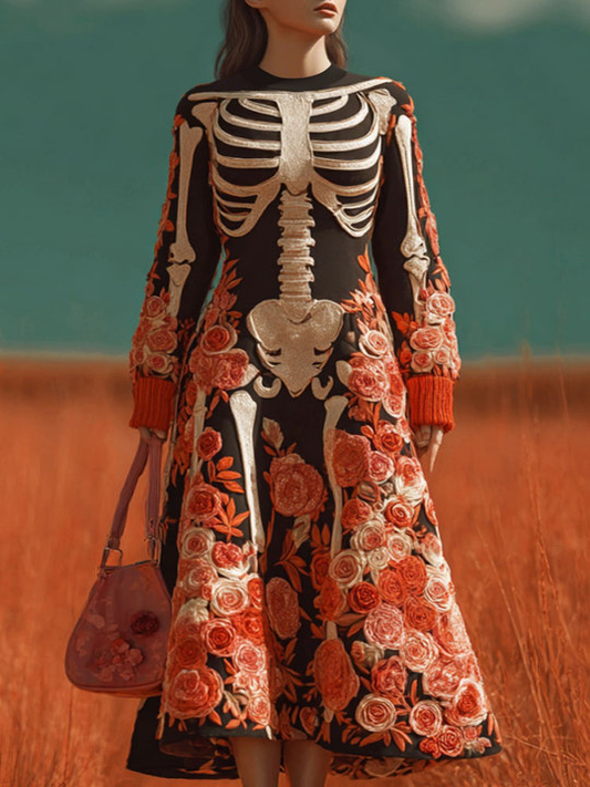 Women's Halloween Warm Tone Skull Rose Embroidered Dress artswardrobe
