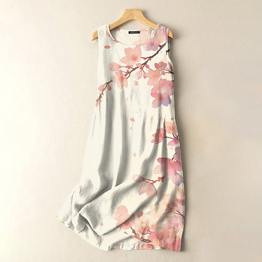Comstylish Vintage Japanese Ink Flower Art Print Sleeveless Cotton And Linen Midi Dress