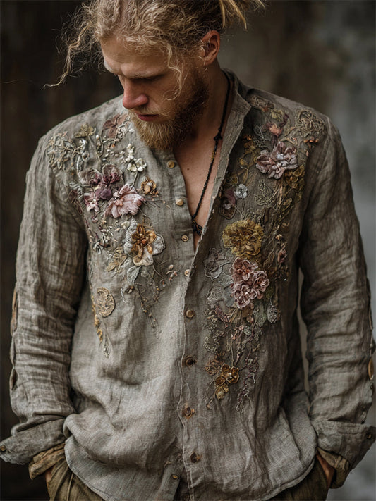 Men's Vintage Floral Beaded Embroidered Linen Shirt artswardrobe