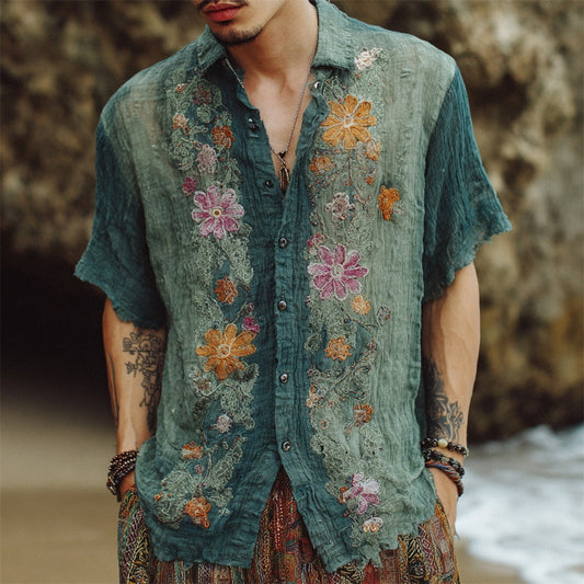 Vintage Boho Floral Print Men's Linen Short Sleeve Shirt artswardrobe
