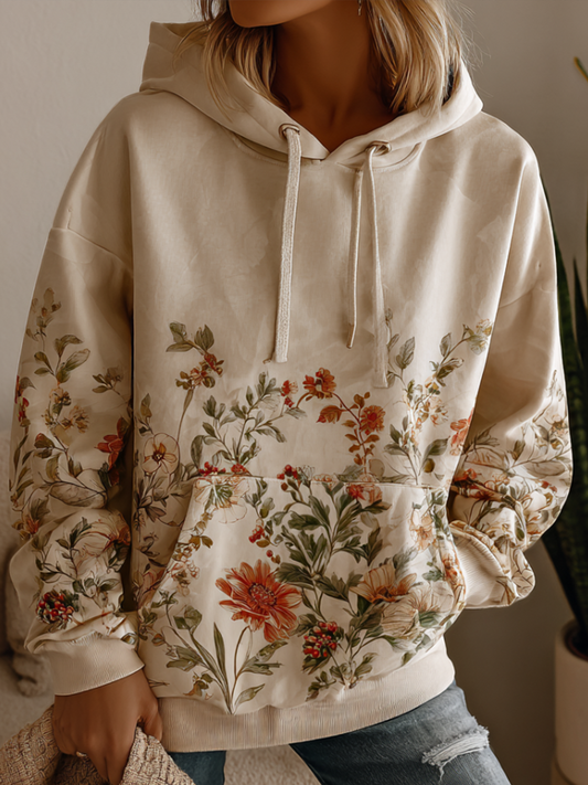 Comstylish Bohemian Style Plant And Flower Pattern Women's Hooded Sweatshirt