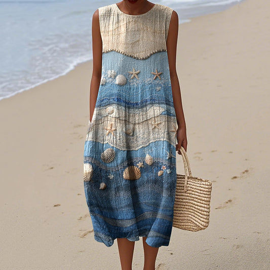 Vintage Loose  Starfish & Sea Shells Sea Waves Art Sleeveless Cotton And Linen Tank Dress artswardrobe